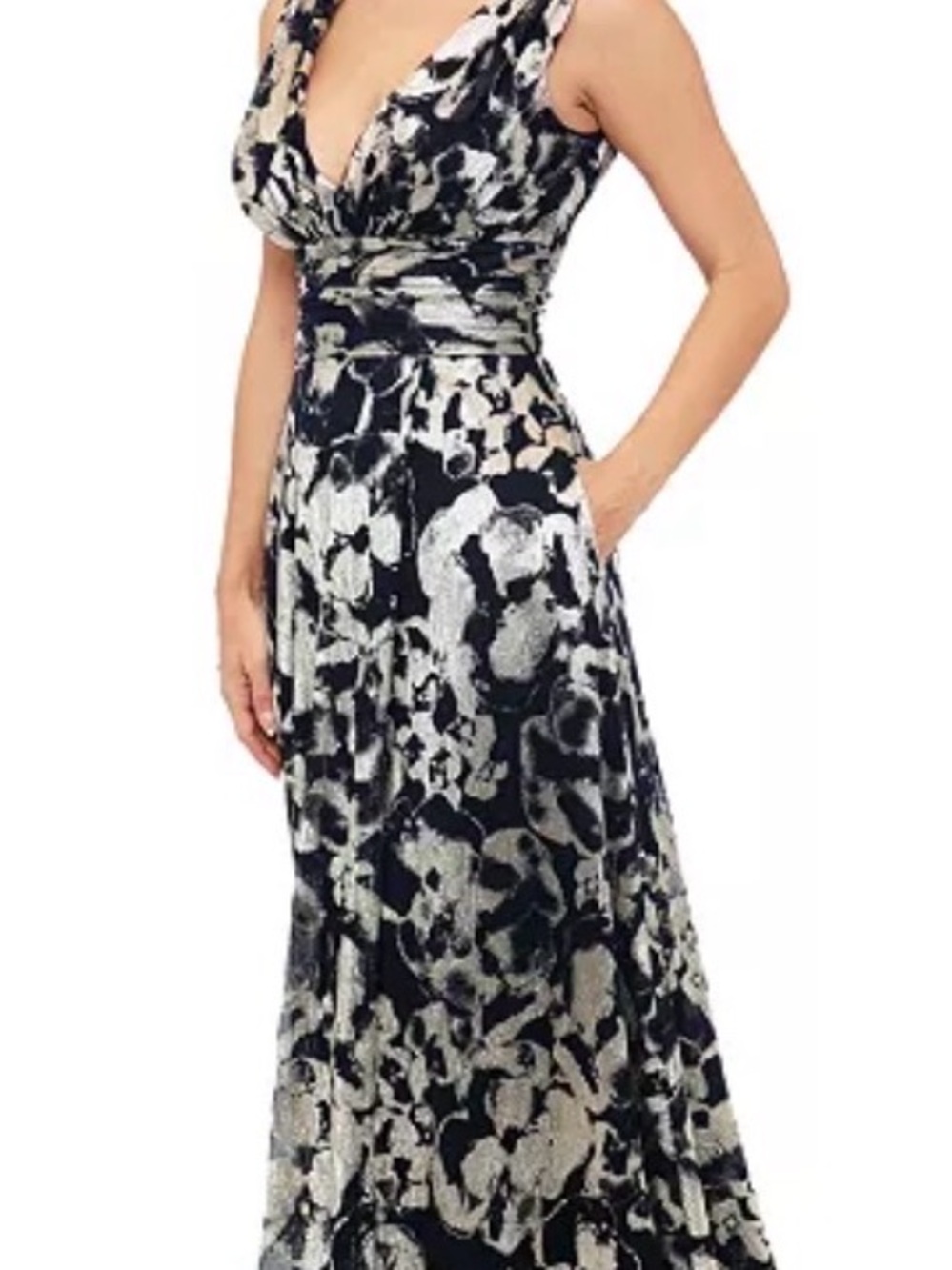 Betsy & Adam Navy Blue and Gold Foil V-Neck Evening Gown